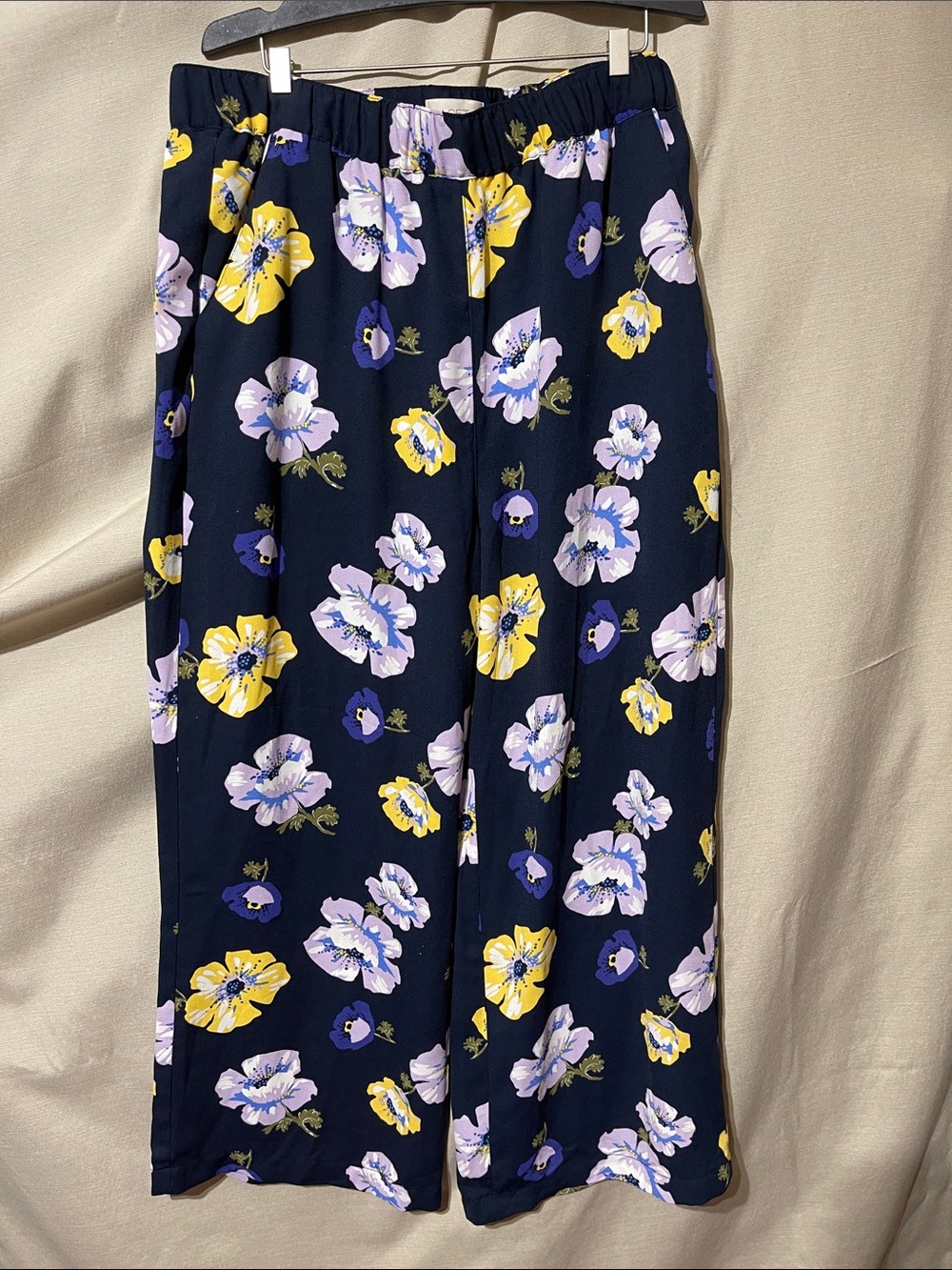 LOFT Outlet Navy Floral Flutter Pants with Yellow & Lavender Blooms